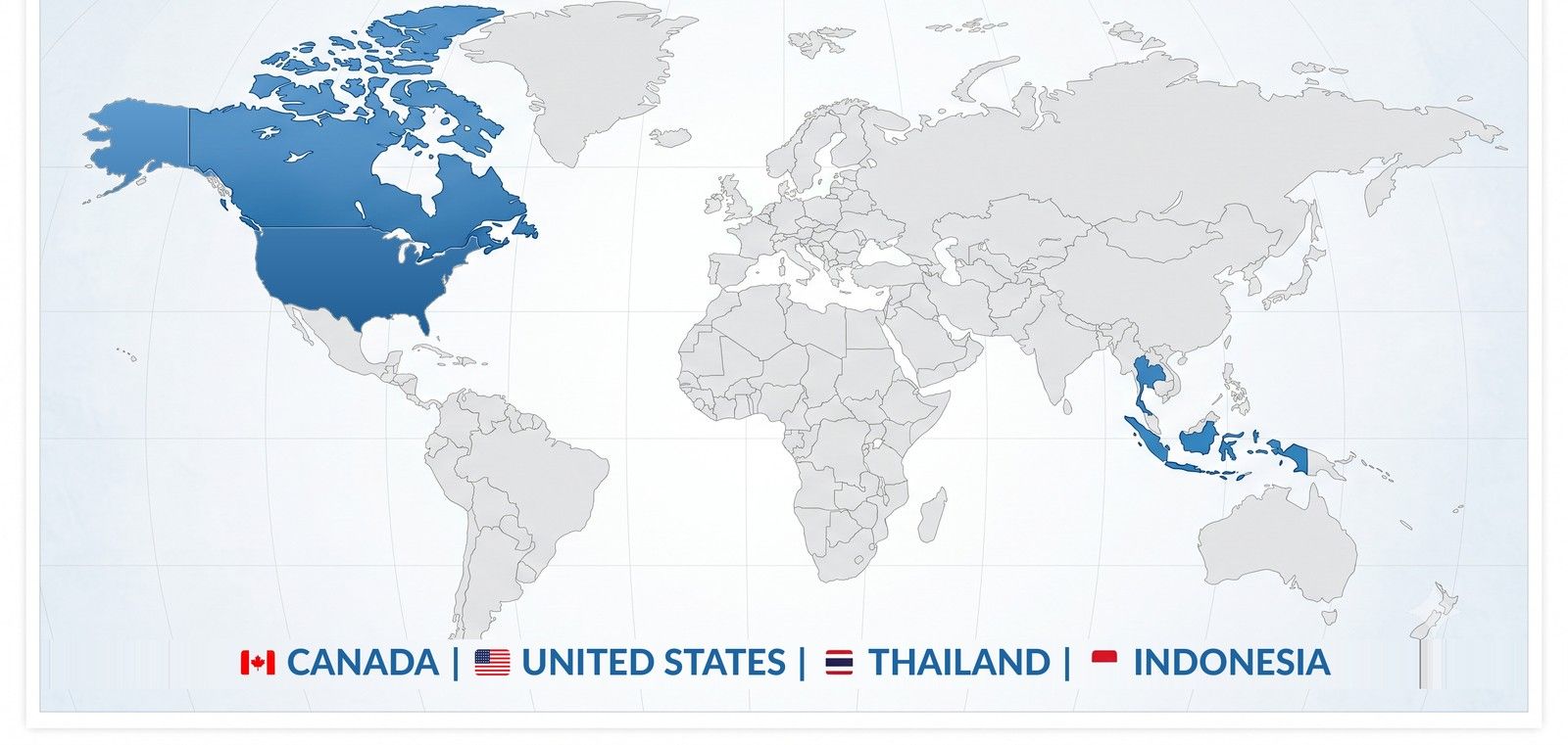 World map with Canada, the United States, Thailand and Indonesia highlighted