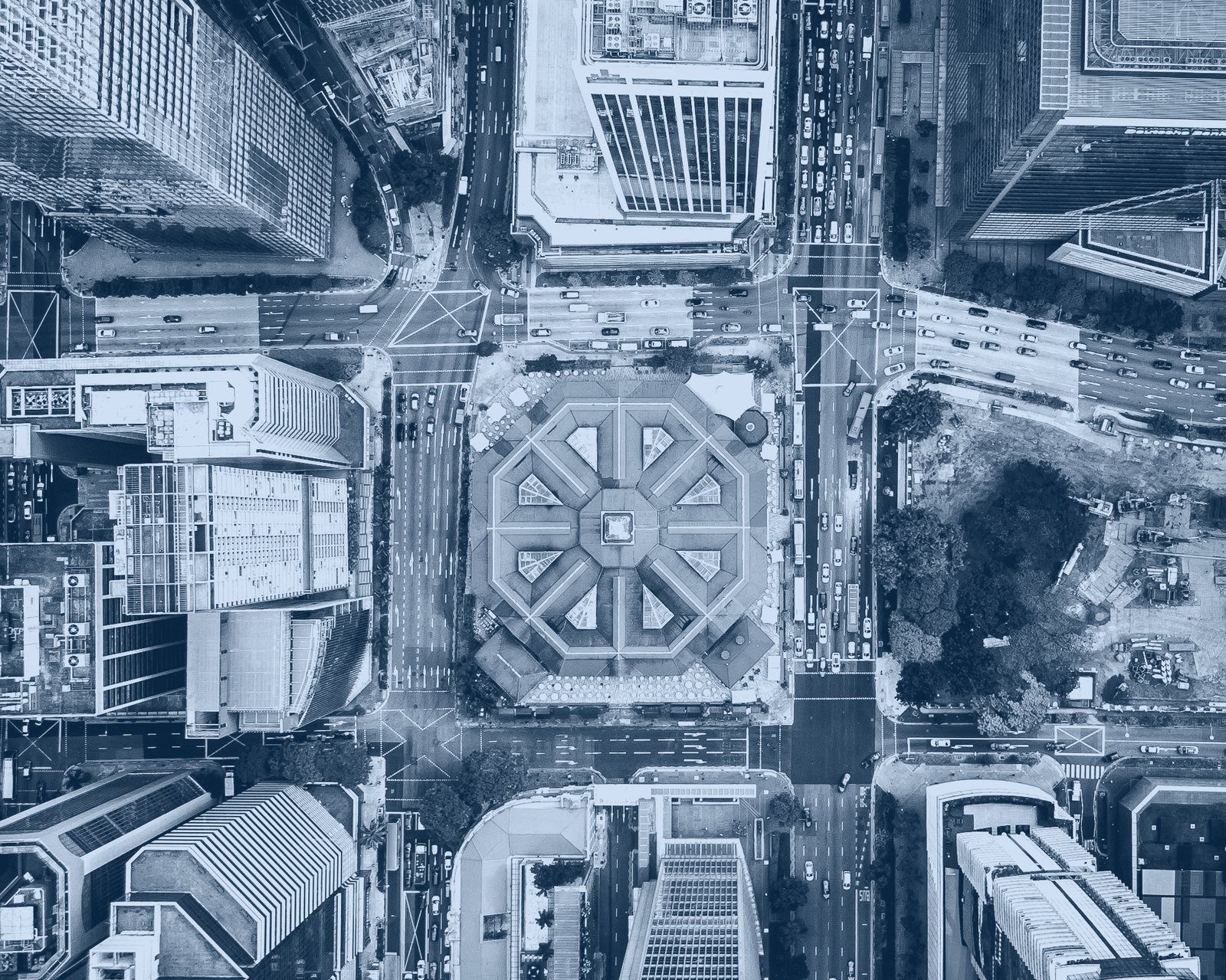 Aerial view of a dense downtown core