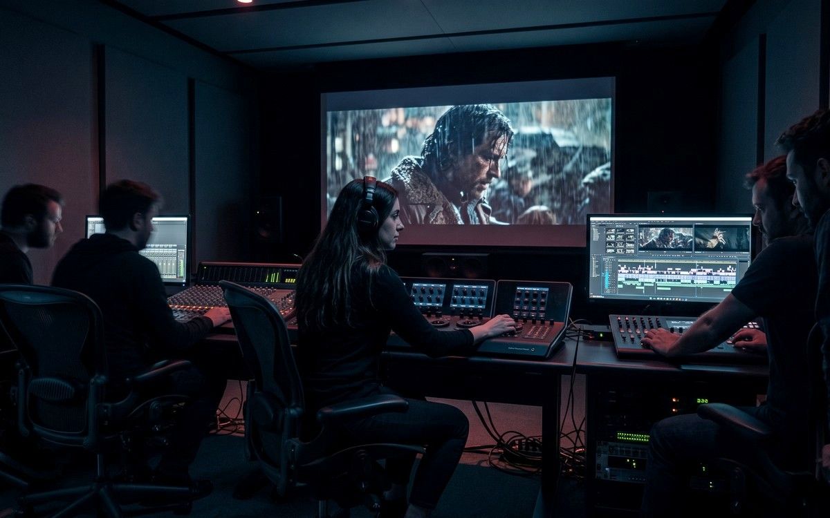 Colourists and editors at work in a darkened post-production grading suite